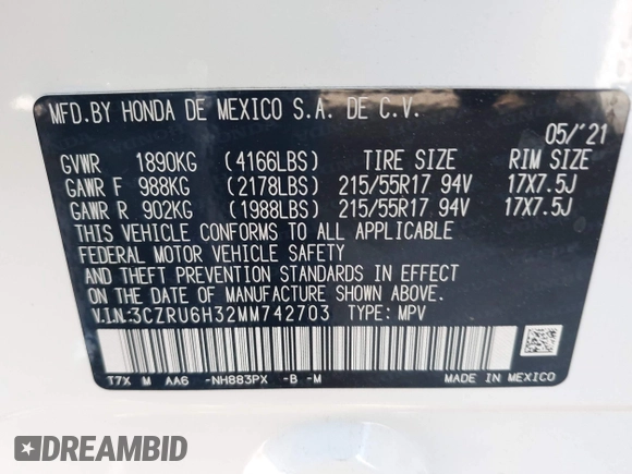 2021 Honda HR-V LX with VIN 3CZRU6H32MM742703, listed as a IAAI auction lot 42225960 with 43,897 mi miles and . Bid and sale history available at DreamBid. Image 9.