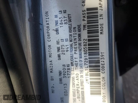 2013 Mazda 3 i Touring with VIN JM1BL1L72D1805822, listed as a Copart auction lot 55041535 with 170,914 mi miles and Salvage title. Bid and sale history available at DreamBid. Image 13.