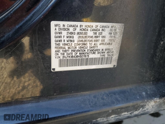 2006 Honda Ridgeline RTS with VIN 2HJYK16436H507875, listed as a Copart auction lot 76048514 with 145,111 mi miles and Salvage Title. Bid and sale history available at carsss.com. Image 13.