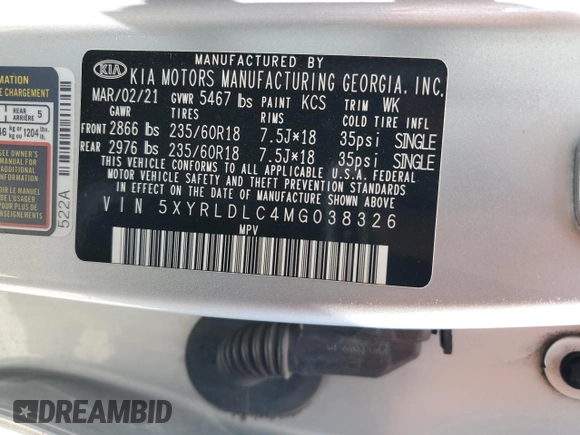 2021 Kia Sorento S with VIN 5XYRLDLC4MG038326, listed as a Copart auction lot 57798925 with 71,163 mi miles and Salvage title. Bid and sale history available at DreamBid. Image 13.