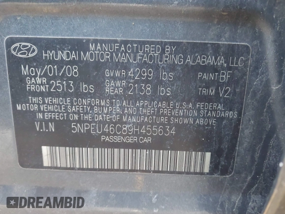 2009 Hyundai Sonata Limited with VIN 5NPEU46C89H455634, listed as a IAAI auction lot 41754062 with Not Provided miles and . Bid and sale history available at DreamBid. Image 9.