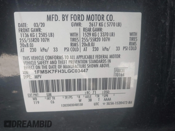 2020 Ford Explorer Limited z VIN 1FMSK7FH3LGC03447, wystawiony jako IAAI lot #41986985 z przebiegiem 125 073 mil mil oraz . Historia ofert i sprzedaży dostępna na DreamBid. Obrazek 9.