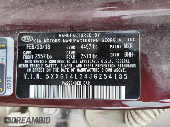 2018 Kia Optima LX with VIN 5XXGT4L34JG254135, listed as a Copart auction lot 59847805 with 120,901 mi miles and Salvage title. Bid and sale history available at DreamBid. Image 12.