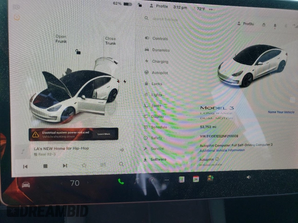 2022 Tesla Model 3 Long Range with VIN 5YJ3E1EB2NF210008, listed as a Copart auction lot 47298585 with 53,753 mi miles and Salvage Title. Bid and sale history available at carsss.com. Image 9.