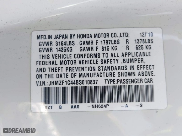 2011 Honda CR-Z with VIN JHMZF1C44BS010837, listed as a IAAI auction lot 41762800 with NaN miles. Bid and sale history available at carsss.com. Image 9.