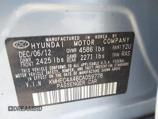 2012 Hyundai Sonata Hybrid with VIN KMHEC4A46CA059778, listed as a IAAI auction lot 41973287 with 118,625 mi miles and . Bid and sale history available at DreamBid. Image 9.