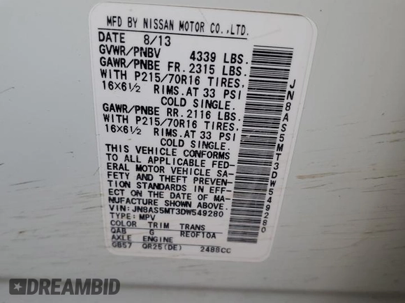 2013 Nissan Rogue S with VIN JN8AS5MT3DW549280, listed as a Copart auction lot 79879604 with 145,264 mi miles and Clean Title. Bid and sale history available at DreamBid. Image 13.