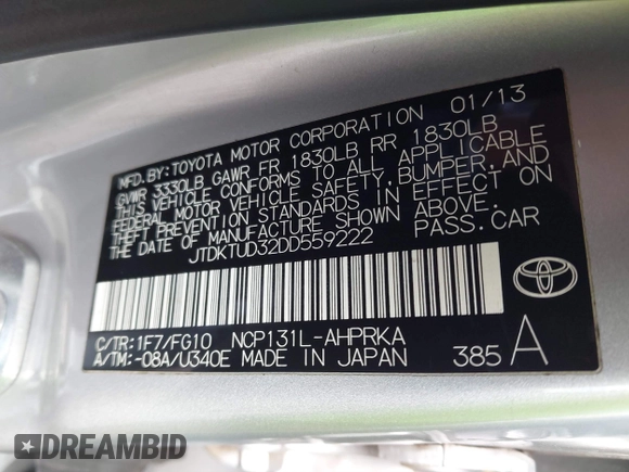2013 Toyota Yaris L with VIN JTDKTUD32DD559222, listed as a IAAI auction lot 41883929 with 156,479 mi miles. Bid and sale history available at carsss.com. Image 9.