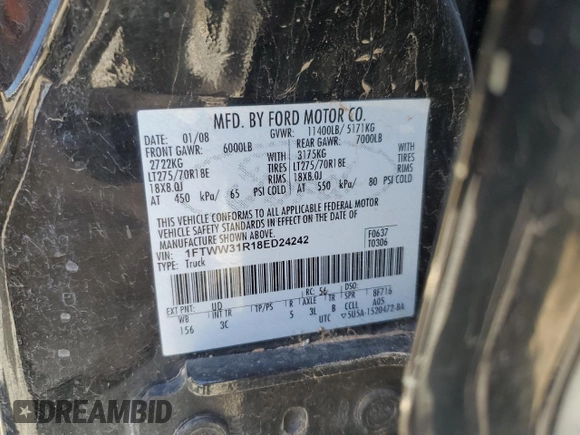 2008 Ford F-350 XL with VIN 1FTWW31R18ED24242, listed as a Copart auction lot 57107735 with Not provided miles and Salvage title. Bid and sale history available at DreamBid. Image 12.