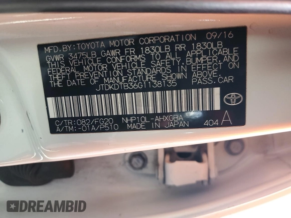 2016 Toyota Prius One with VIN JTDKDTB36G1138135, listed as a Copart auction lot 51421005 with 88,677 mi miles and Salvage Title. Bid and sale history available at carsss.com. Image 13.