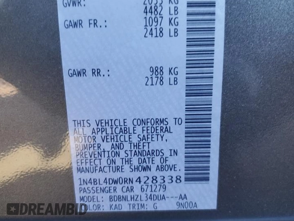 2024 Nissan Altima 2.5 SV with VIN 1N4BL4DW0RN428338, listed as a Copart auction lot 43202365 with 4,165 mi miles and Salvage Title. Bid and sale history available at carsss.com. Image 15.