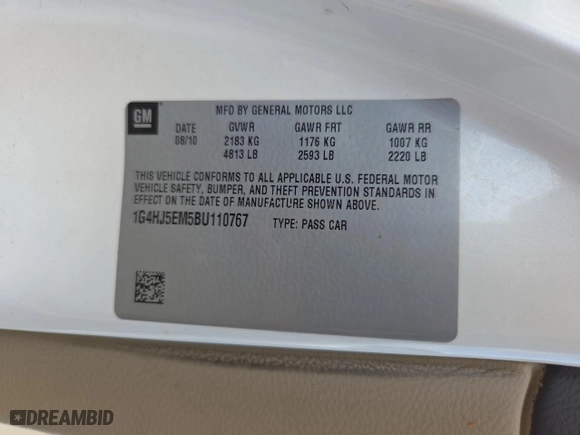 2011 Buick Lucerne CXL Premium with VIN 1G4HJ5EM5BU110767, listed as a Copart auction lot 54566315 with 1 mi miles and Clean Title. Bid and sale history available at carsss.com. Image 10.