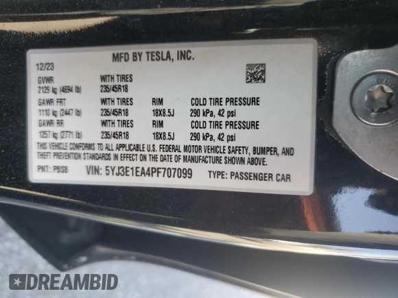 2023 Tesla Model 3 z VIN 5YJ3E1EA4PF707099, wystawiony jako Copart lot #52531035 z przebiegiem 57 723 mil mil oraz Szkoda całkowita • Salvage title. Historia ofert i sprzedaży dostępna na DreamBid. Obrazek 14.