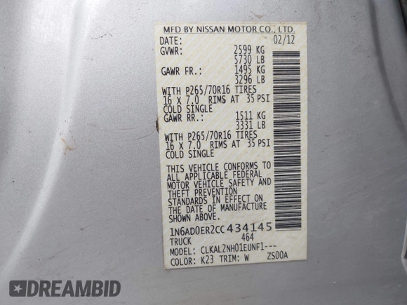 2012 Nissan Frontier SV with VIN 1N6AD0ER2CC434145, listed as a IAAI auction lot 42188912 with 130,053 mi miles and . Bid and sale history available at DreamBid. Image 9.