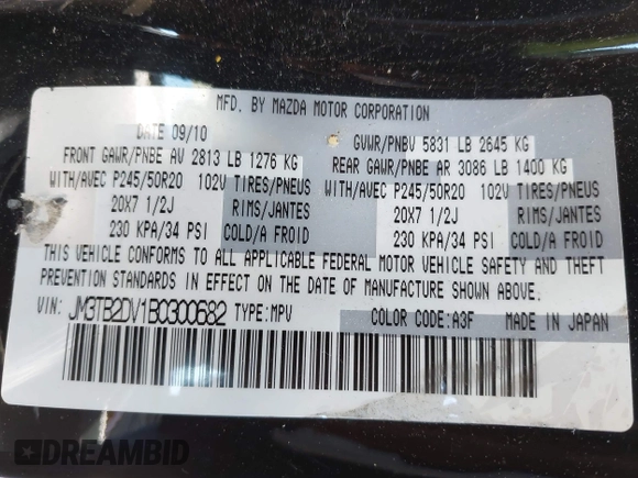 2011 Mazda CX-9 Grand Touring with VIN JM3TB2DV1B0300682, listed as a IAAI auction lot 42702969 with 195,068 mi miles and . Bid and sale history available at DreamBid. Image 9.