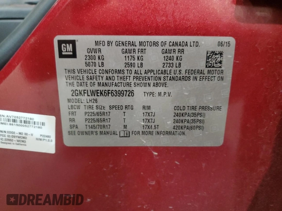 2015 GMC Terrain SLE with VIN 2GKFLWEK6F6399726, listed as a Copart auction lot 44815535 with 126,242 mi miles and Salvage Title. Bid and sale history available at DreamBid. Image 13.