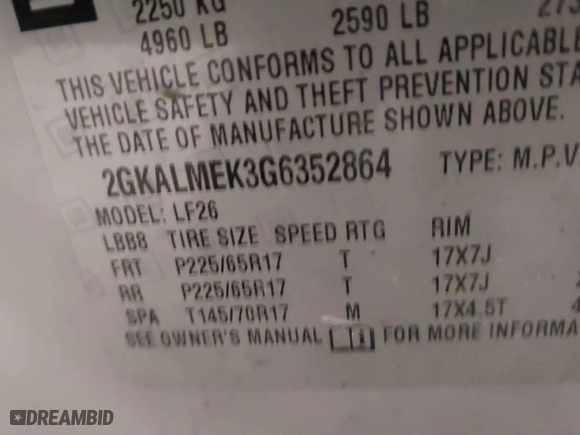 2016 GMC Terrain SLE with VIN 2GKALMEK3G6352864, listed as a IAAI auction lot 42035690 with 171,223 mi miles. Bid and sale history available at carsss.com. Image 9.