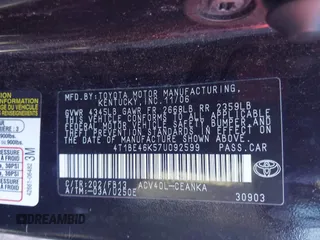 2007 Toyota Camry CE with VIN 4T1BE46K57U092599, listed as a IAAI auction lot 41829141 with 202,123 mi miles. Bid and sale history available at carsss.com. Image 9.
