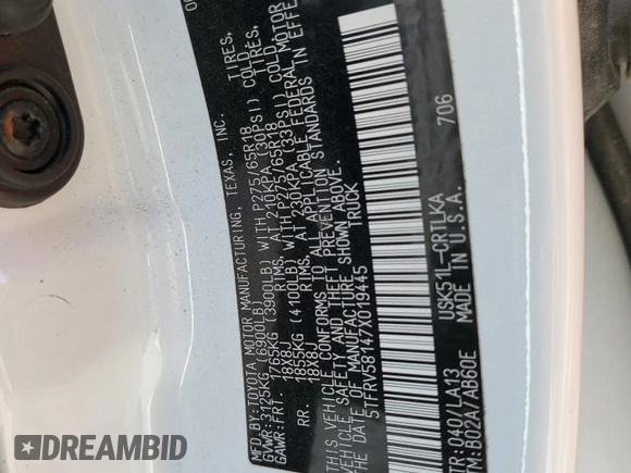 2007 Toyota Tundra Limited z VIN 5TFRV58147X019445, wystawiony jako Copart lot #88312195 z przebiegiem 169 521 mil mil oraz Szkoda całkowita • Salvage title. Historia ofert i sprzedaży dostępna na DreamBid. Obrazek 12.