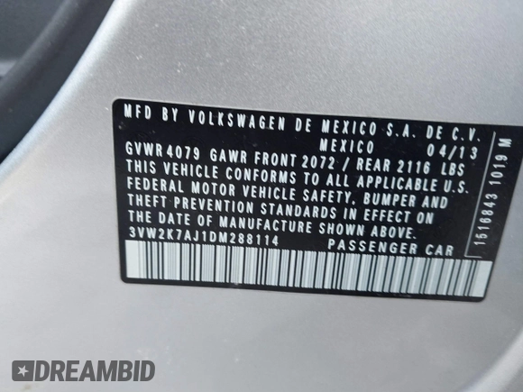 2013 Volkswagen Jetta Sedan S with VIN 3VW2K7AJ1DM288114, listed as a IAAI auction lot 41649329 with 200,736 mi miles. Bid and sale history available at carsss.com. Image 9.