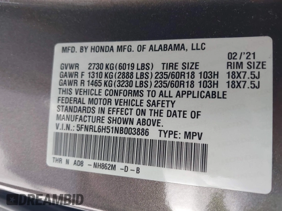 2022 Honda Odyssey EX with VIN 5FNRL6H51NB003886, listed as a IAAI auction lot 41542525 with 68,031 mi miles and . Bid and sale history available at DreamBid. Image 9.