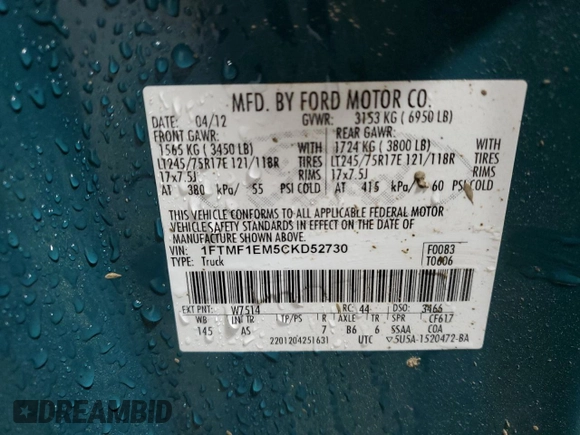 2012 Ford F-150 XL with VIN 1FTMF1EM5CKD52730, listed as a Copart auction lot 57712245 with 167,619 mi miles and Clean title. Bid and sale history available at DreamBid. Image 12.