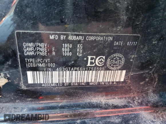 2017 Subaru Impreza with VIN 4S3GTAF66H1750595, listed as a Copart auction lot 88445255 with 54,142 mi miles and Salvage title. Bid and sale history available at DreamBid. Image 12.