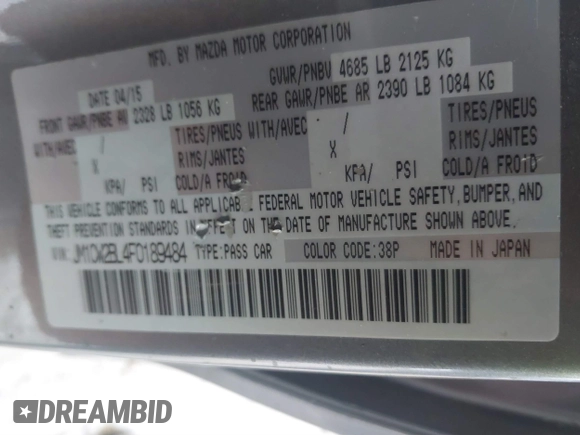 2015 Mazda 5 Sport with VIN JM1CW2BL4F0189484, listed as a IAAI auction lot 41123606 with Not Provided miles. Bid and sale history available at carsss.com. Image 9.