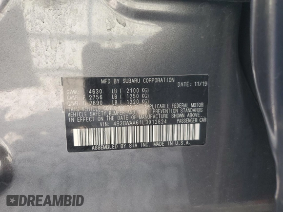 2020 Subaru Legacy z VIN 4S3BWAA61L3012824, wystawiony jako Copart lot #69567514 z przebiegiem 42 719 mil mil oraz Szkoda całkowita • Salvage title. Historia ofert i sprzedaży dostępna na DreamBid. Obrazek 13.