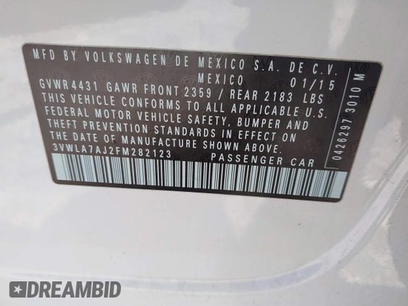 2015 Volkswagen Jetta Sedan 2.0L TDI SEL with VIN 3VWLA7AJ2FM282123, listed as a IAAI auction lot 41887845 with 115,738 mi miles. Bid and sale history available at carsss.com. Image 9.