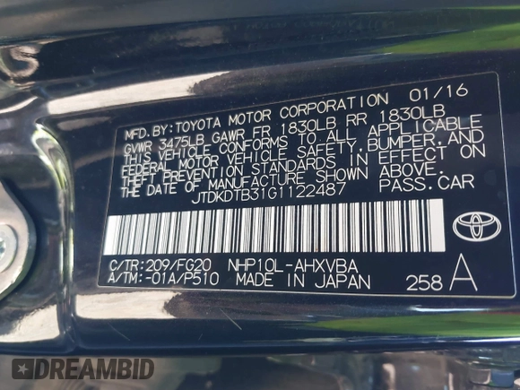 2016 Toyota Prius One z VIN JTDKDTB31G1122487, wystawiony jako IAAI lot #41866418 z przebiegiem 74 035 mil mil oraz . Historia ofert i sprzedaży dostępna na DreamBid. Obrazek 9.