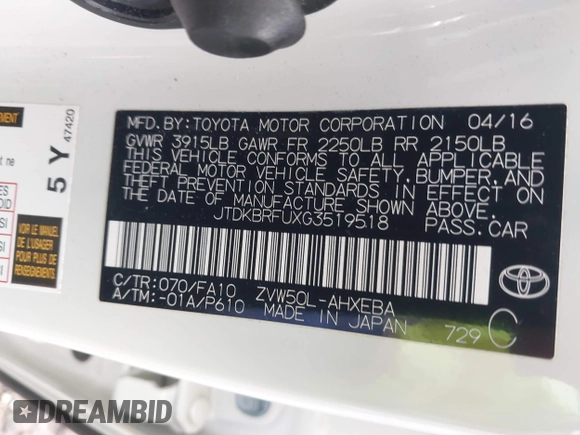 2016 Toyota Prius Two z VIN JTDKBRFUXG3519518, wystawiony jako IAAI lot #42209957 z przebiegiem 55 089 mil mil oraz . Historia ofert i sprzedaży dostępna na DreamBid. Obrazek 9.