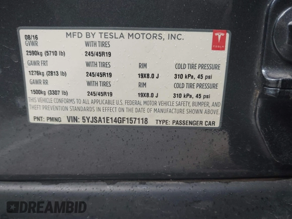 2016 Tesla Model S 70 with VIN 5YJSA1E14GF157118, listed as a IAAI auction lot 41794381 with 53,651 mi miles and . Bid and sale history available at DreamBid. Image 9.