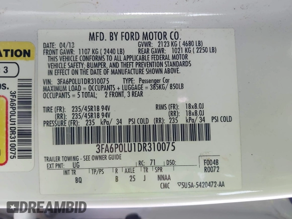 2013 Ford Fusion SE Hybrid z VIN 3FA6P0LU1DR310075, wystawiony jako IAAI lot #42085556 z przebiegiem Nie podano mil oraz . Historia ofert i sprzedaży dostępna na DreamBid. Obrazek 9.