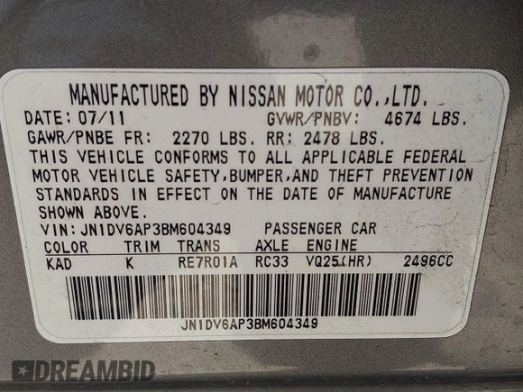 2011 Infiniti G25 with VIN JN1DV6AP3BM604349, listed as a IAAI auction lot 42539796 with 157,621 mi miles and . Bid and sale history available at DreamBid. Image 9.