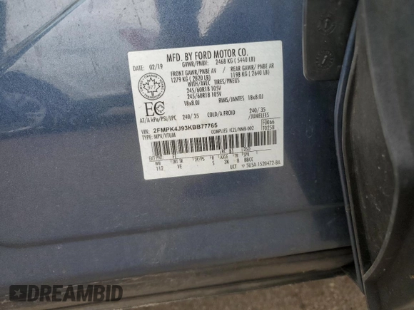 2019 Ford Edge SEL with VIN 2FMPK4J93KBB77765, listed as a Copart auction lot 59093015 with 52,753 mi miles and Salvage title. Bid and sale history available at DreamBid. Image 14.