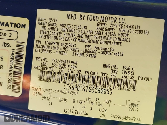 2016 Ford Mustang EcoBoost with VIN 1FA6P8TH1G5262053, listed as a IAAI auction lot 39328019 with 129,567 mi miles. Bid and sale history available at carsss.com. Image 9.
