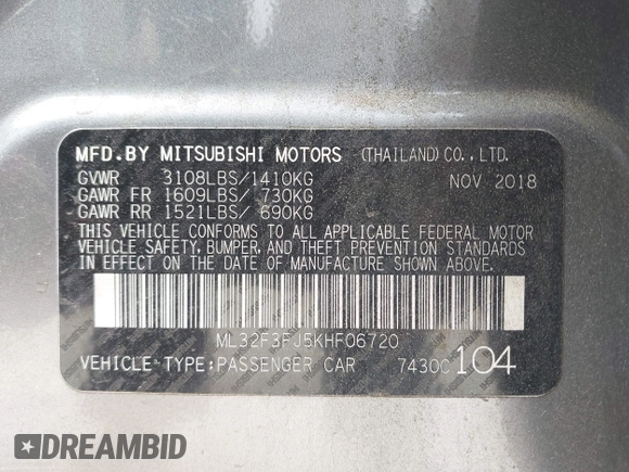 2019 Mitsubishi Mirage ES с VIN ML32F3FJ5KHF06720, выставлен на аукционе IAAI как лот 42117423 с пробегом 124 831 миль миль и . История ставок и продаж доступна на DreamBid. Изображение 9.