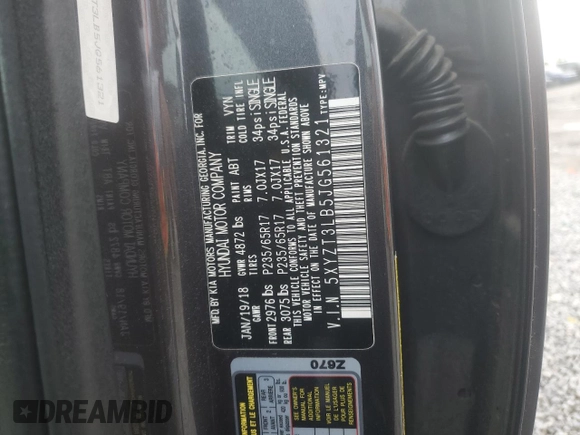 2018 Hyundai Santa Fe 2.4L with VIN 5XYZT3LB5JG561321, listed as a Copart auction lot 54839005 with 90,319 mi miles and Salvage title. Bid and sale history available at DreamBid. Image 13.