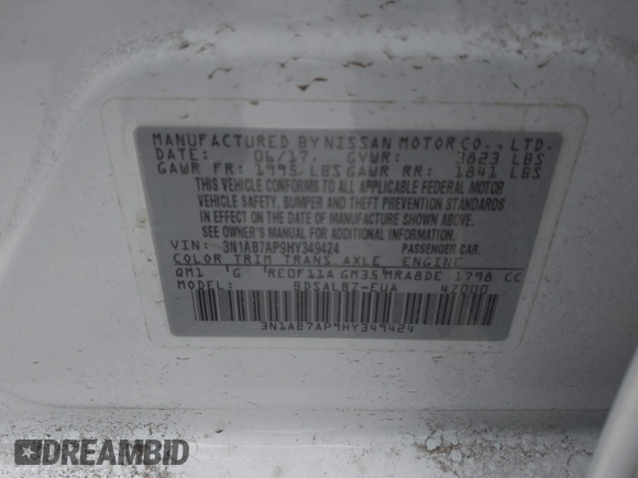 2017 Nissan Sentra SV z VIN 3N1AB7AP9HY349424, wystawiony jako IAAI lot #41803797 z przebiegiem 126 936 mil mil oraz . Historia ofert i sprzedaży dostępna na DreamBid. Obrazek 9.