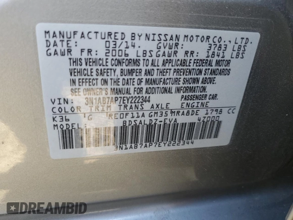 2014 Nissan Sentra SV with VIN 3N1AB7AP7EY222344, listed as a Copart auction lot 61105575 with 96,178 mi miles and Salvage title. Bid and sale history available at DreamBid. Image 12.