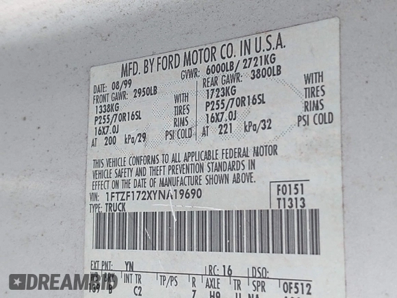 2000 Ford F-150 XL with VIN 1FTZF172XYNA19690, listed as a IAAI auction lot 41721021 with 181,702 mi miles and . Bid and sale history available at DreamBid. Image 9.