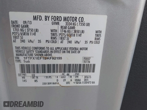 2013 Ford F-150 XL with VIN 1FTFX1EF1DKF92155, listed as a IAAI auction lot 42020384 with 87,647 mi miles and . Bid and sale history available at carsss.com. Image 9.
