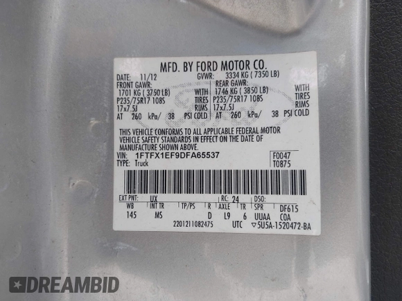 2013 Ford F-150 XL with VIN 1FTFX1EF9DFA65537, listed as a IAAI auction lot 41965850 with 212,491 mi miles. Bid and sale history available at carsss.com. Image 9.