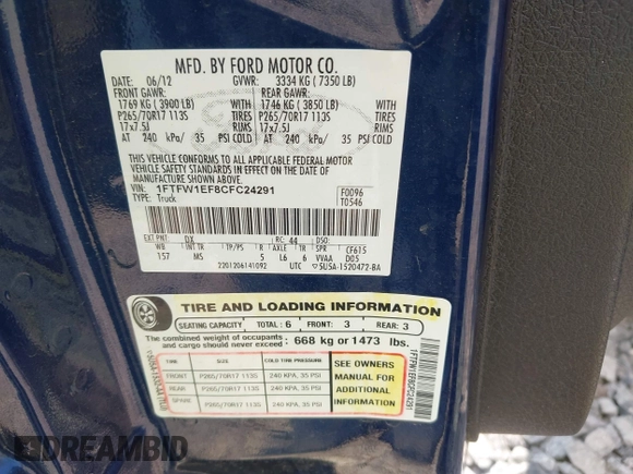 2012 Ford F-150 XL z VIN 1FTFW1EF8CFC24291, wystawiony jako IAAI lot #42594611 z przebiegiem 160 795 mil mil oraz . Historia ofert i sprzedaży dostępna na DreamBid. Obrazek 9.
