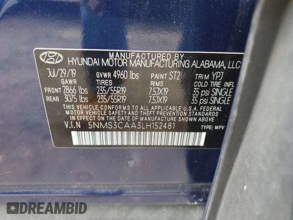 2020 Hyundai Santa Fe SEL with VIN 5NMS3CAA3LH152481, listed as a Copart auction lot 45604305 with 59,901 mi miles and Salvage Title. Bid and sale history available at carsss.com. Image 15.