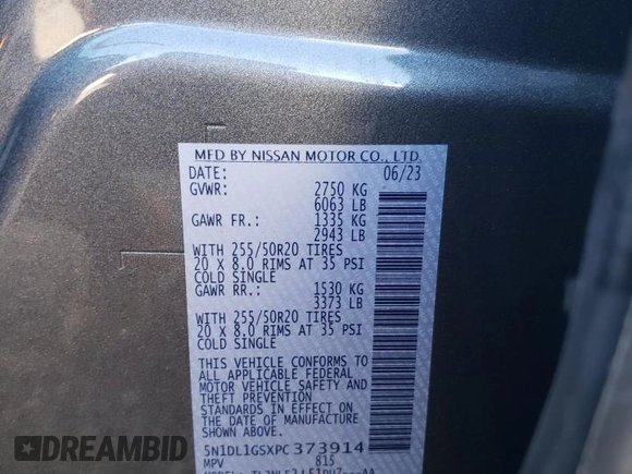 2023 Infiniti QX60 SENSORY with VIN 5N1DL1GSXPC373914, listed as a Copart auction lot 49625765 with 12,982 mi miles and Salvage Title. Bid and sale history available at carsss.com. Image 15.