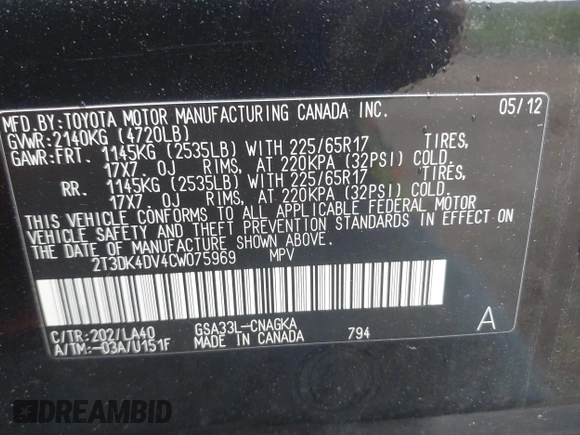2012 Toyota RAV4 Limited with VIN 2T3DK4DV4CW075969, listed as a IAAI auction lot 42365008 with 192,645 mi miles and . Bid and sale history available at DreamBid. Image 9.