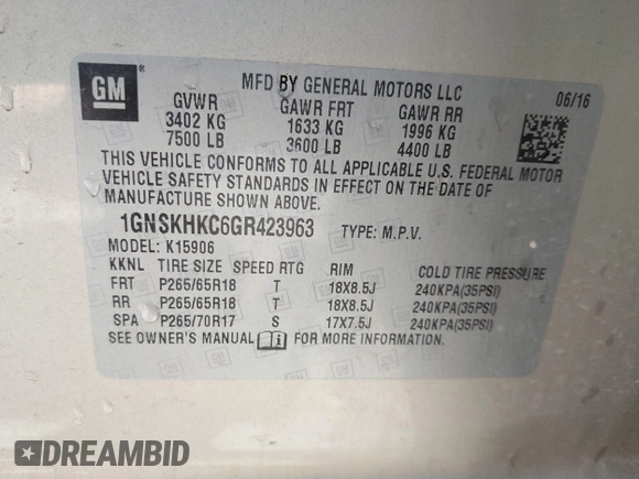 2016 Chevrolet Suburban LT with VIN 1GNSKHKC6GR423963, listed as a IAAI auction lot 42210288 with 151,799 mi miles and . Bid and sale history available at DreamBid. Image 9.