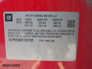 2015 Chevrolet Cruze LT with VIN 1G1PE5SB8F7267925, listed as a IAAI auction lot 41977019 with 111,539 mi miles. Bid and sale history available at carsss.com. Image 9.